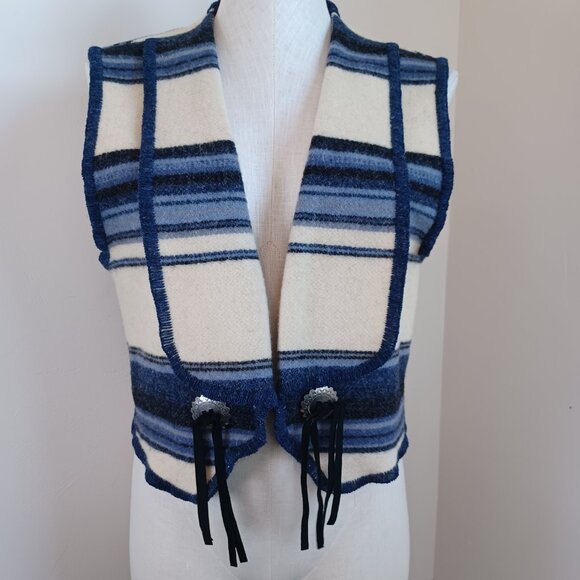 Woolrich Wool Vest Blue White Striped Collared Western Rodeo Womens Medium - Picture 10 of 14